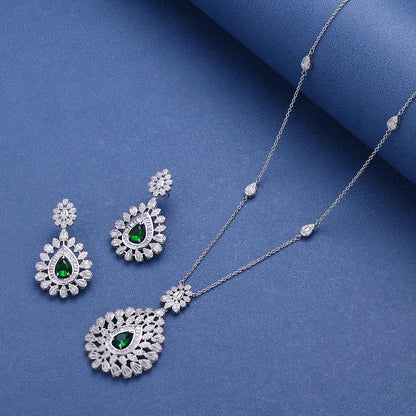 Elegant Women Wedding Jewellery African CZ Crystal Leaf Drop Bridal Necklace Bracelet and Earrings Jewelry Sets