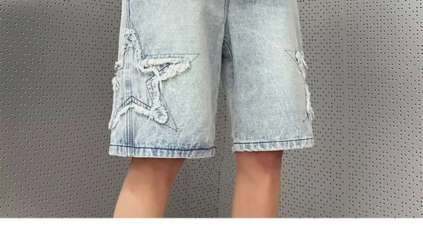 Star Patchwork Yellow Clay Color Jeans Summer Men Denim Shorts Trendy Streetwear Five-point Pants Straight Jeans Shorts