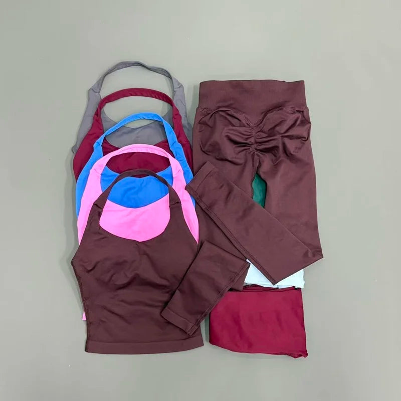 2 Piece Active Set Women Open Back Halter Top Peach Butt Lifting Leggings Seamless Soft Stretchy Gym Yoga Fitness Outfits