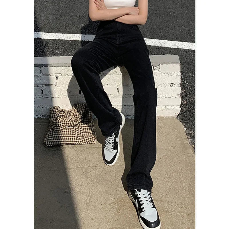 Calça Jeans Feminina Coreana de Cintura Alta Reta Streetwear