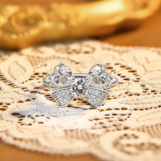 S925 Silver Heart Cut Bow Ring Full Moissanite Rings for Women Elegant Romantic Wedding Engagement Party Jewelry Gifts