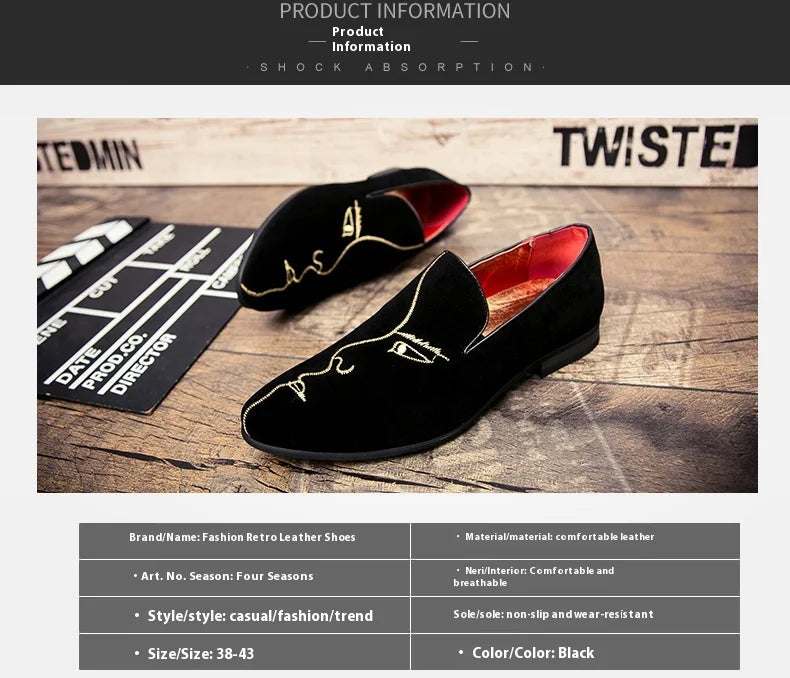 Frosted embroidered beanie shoes men's leather Korean version all match pointed leather shoes men's personality casual shoes