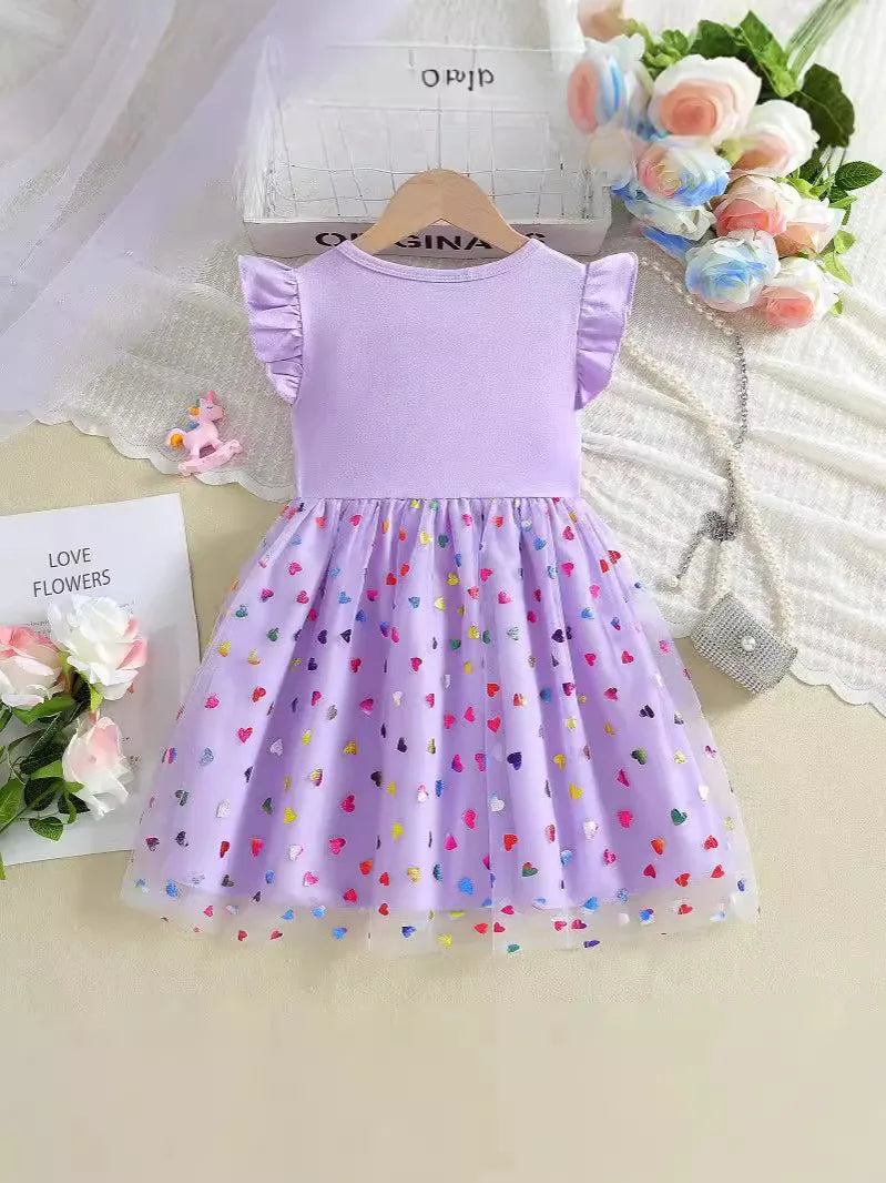 2026 Korean Style Girls Summer Unicorn Print Dress Short Sleeve Tulle Princess Gown Kids Casual Party Clothes for South Korea