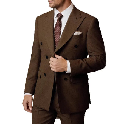 2026 New Double-Breasted Peak Lapel Men's Suit Set Two-Piece Coffee Beige Pink (Jacket   Pants) Casual Business B