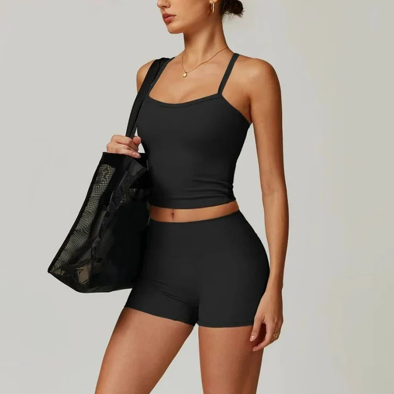 Women's yoga exercise set, popular slim shoulder yoga vest paired with high waisted, waist hugging, naked yoga three part shorts
