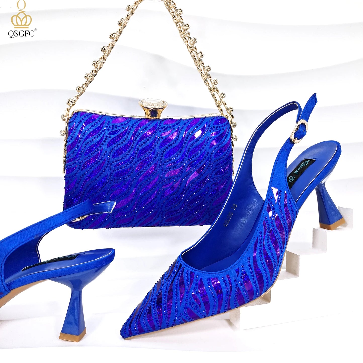 Fashion Shoes Matching Bag Set Royal Blue Color Decorated with Crystal Ladies Wedding Party Women High Heel