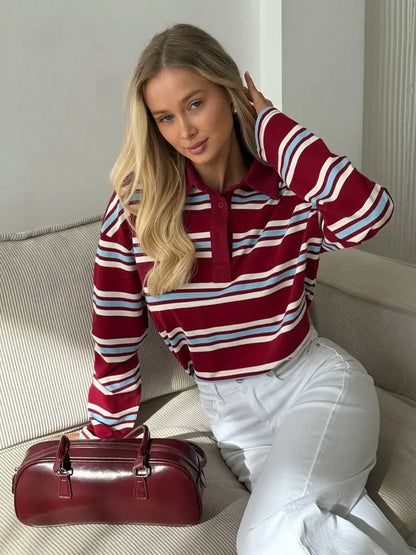 Autumn Casual Stripes Contrast Long-sleeved T-shirt Women Button Lapel Polo Shirt Tshirts New Streetwear Retro Chic Tops 2025