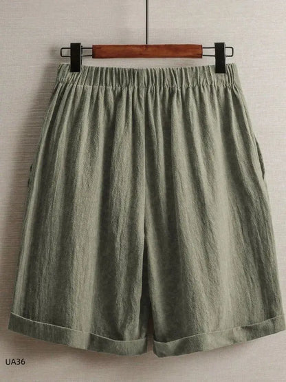 Women's High Waist Cotton Linen Blend Shorts  Elastic Waist with Pockets Summer Casual Loose Wide Leg Rolled Hem Female Pants