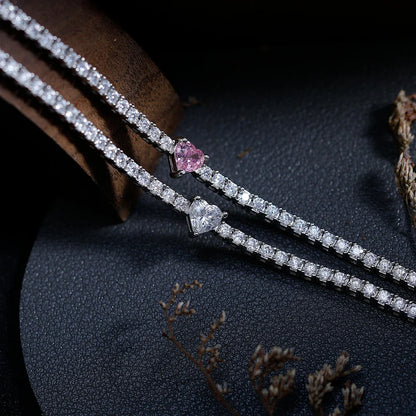 2mm Round Moissanite Tennis Bracelets with 5mm Pink White Heart Cut Diamond Bracelet for Women Men 925 Sterling Silver Bangle