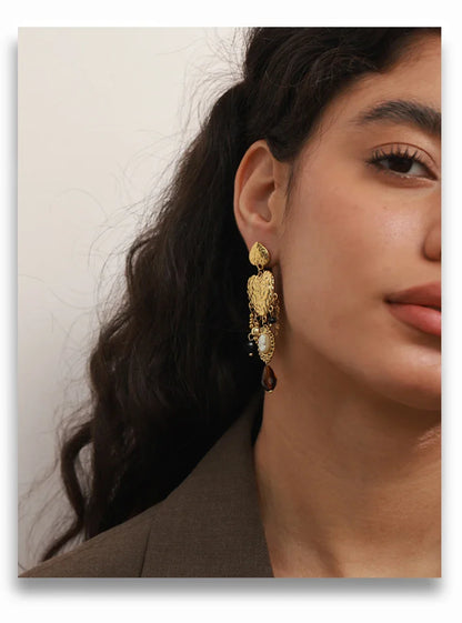 Vintage Stainless Steel Heart Cross Key Charm Pendant Drop Earrings Golden Plated Crystal Resin Stone Waterproof Jewelry