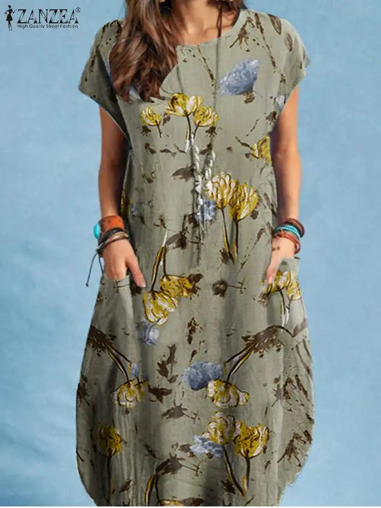 Women Summer Dress Bohemian Floral Print Vestido O-Neck Short Sleeve Pockets Sundress Fashion Casual Elegant Holiday Robe