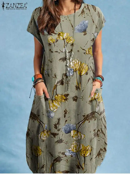 Women Summer Dress Bohemian Floral Print Vestido O-Neck Short Sleeve Pockets Sundress Fashion Casual Elegant Holiday Robe