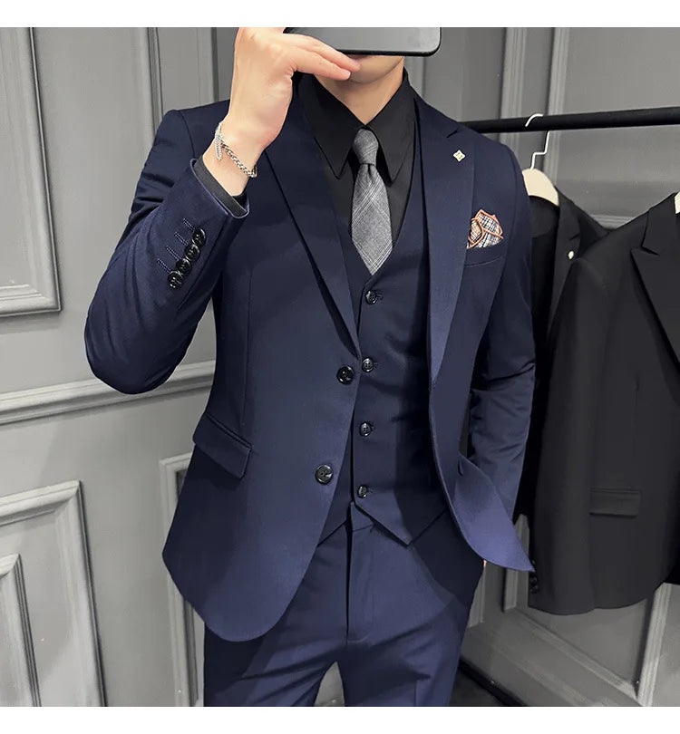 Slim Fit Men's Three Piece Suit Thin Single Button Notch Lapel Casual Fashion Cotton Blend Spring Autumn Wear for Youth