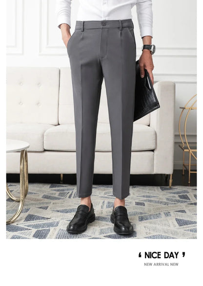 Slim Straight Non-iron Dress Pants Men Business Casual Little Feet Suit Pants Classic Black Apricot Dark Gray Male Trousers