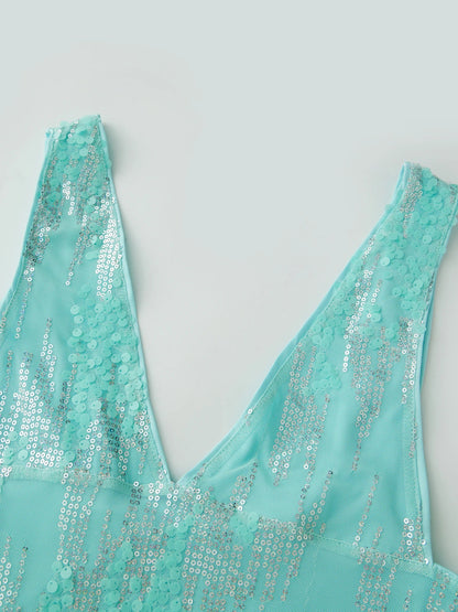 Women Sequin Tank Tops Slim Sparkly Deep V Neck Sleeveless Open Back Crop Vest Casual Summer Streetwear