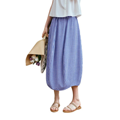 Women's Summer 2026 Midi Elastic Waistband Skirt Elegant Office Ladies Blue Plaid BUD Skirt Female Clothes O57XB99598