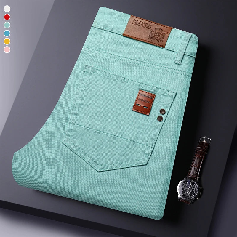 2025 Autumn Men's Elastic Colorful Jeans Breathable Casual  Straight Fitted Solid Color Denim Pants Korean Fashion Trousers