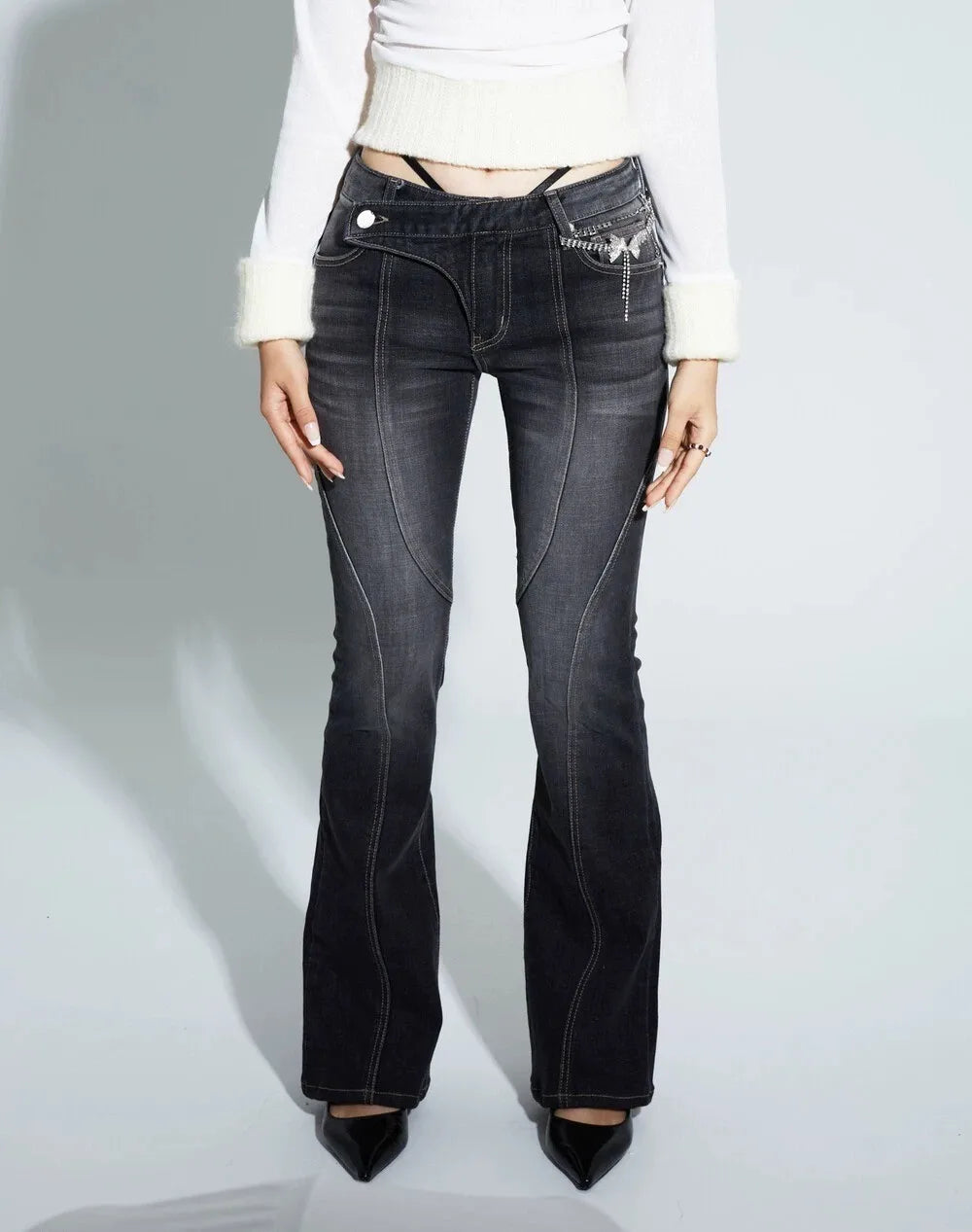 Vintage Distressed Low Waist Jeans Grunge Asymmetrical Waist Denim Pant Korean Fashion Black Flare Jeans Kpop Streetwear