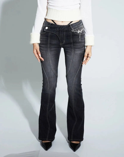 Vintage Distressed Low Waist Jeans Grunge Asymmetrical Waist Denim Pant Korean Fashion Black Flare Jeans Kpop Streetwear