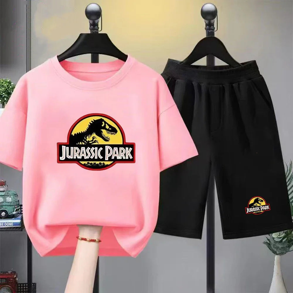 Children T-shirt+Shorts 2P Summer Clothing dinosaur Print Boy Girl Toddler 3-12Yrs Sports Short-Sleeved Casual Fashion Set