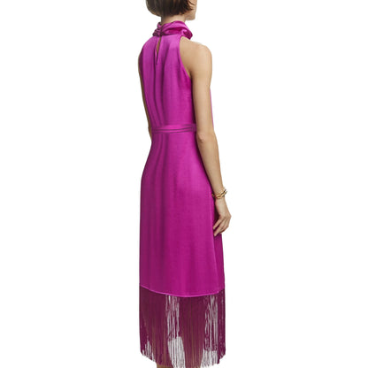 New Women Party Dress Hanging Neck Style Dress High Collar Sleeveless Fringe Skirt Hem Belt Evening Dresse