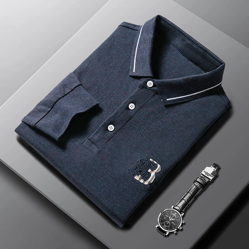 100Cotton High-End Quality Men's Polo Shirt Exquisite Horse Embroid Long Sleeve Fashion Lapel T-Shirt Business Trend Menswear