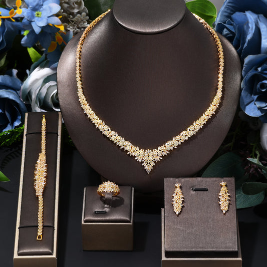 Fashion UAE Dubai Cubic Zirconia 4 Pieces Full Jewelry Set for Women Gold Plated Nigerian Wedding Brides Accessories