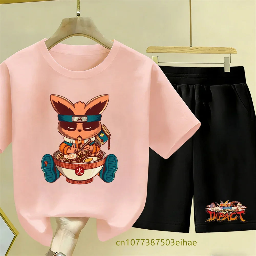 Naruto Children's 2-Piece Set Classic Anime Style Short Sleeve Top Casual Shorts Summer Outfit Specially Designed For Boys Girls