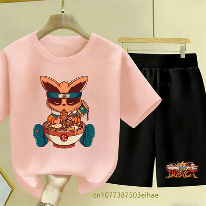 Naruto Children's 2-Piece Set Classic Anime Style Short Sleeve Top Casual Shorts Summer Outfit Specially Designed For Boys Girls