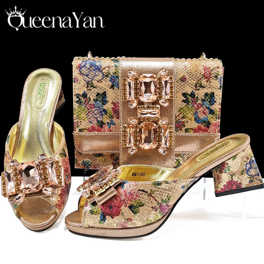 Italian Sandals and Bags Matching Set 2026 Women Heel Party for Rose Gold Colour Wedding Bigger Size Thick Heel Shoes
