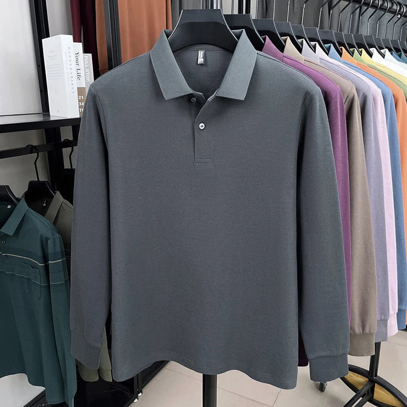 100%pure cotton autumn winter men's high-end designer fashionable long sleeved boutique button casual comfortable polo shirt top