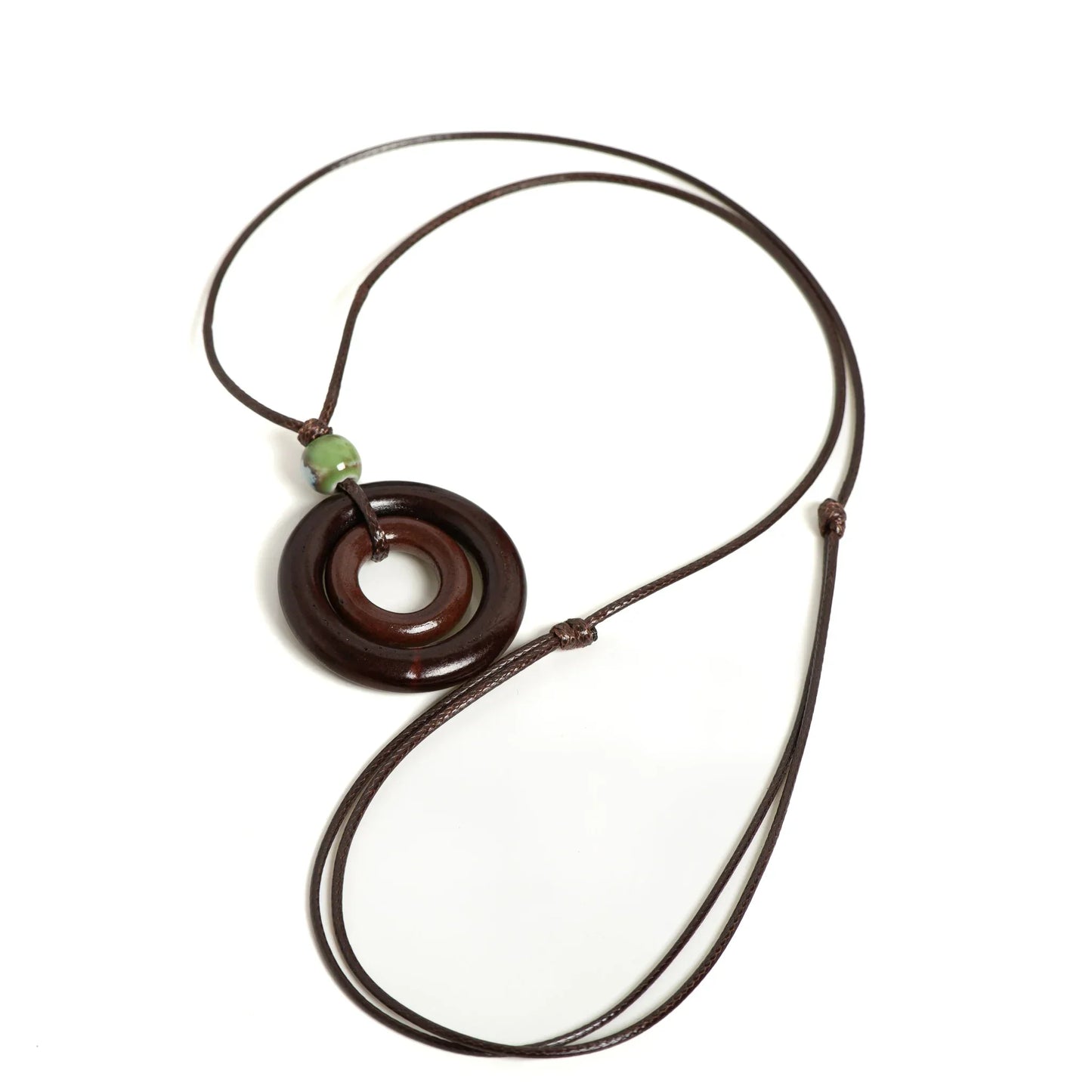 Handmade Wooden Circle Ceramic Pendant Necklace Adjustable Cord Unique Bohemian Jewelry for Men and Women 1 Piece S001160