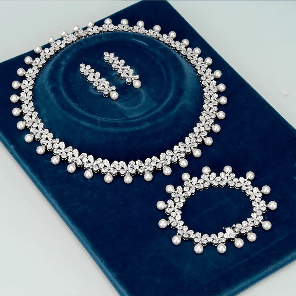 Luxury Cubic Zirconia Necklace Bracelet Earrings and Ring 4pcs Dubai Full Jewelry Set For Women,Bridal Dress Dinner