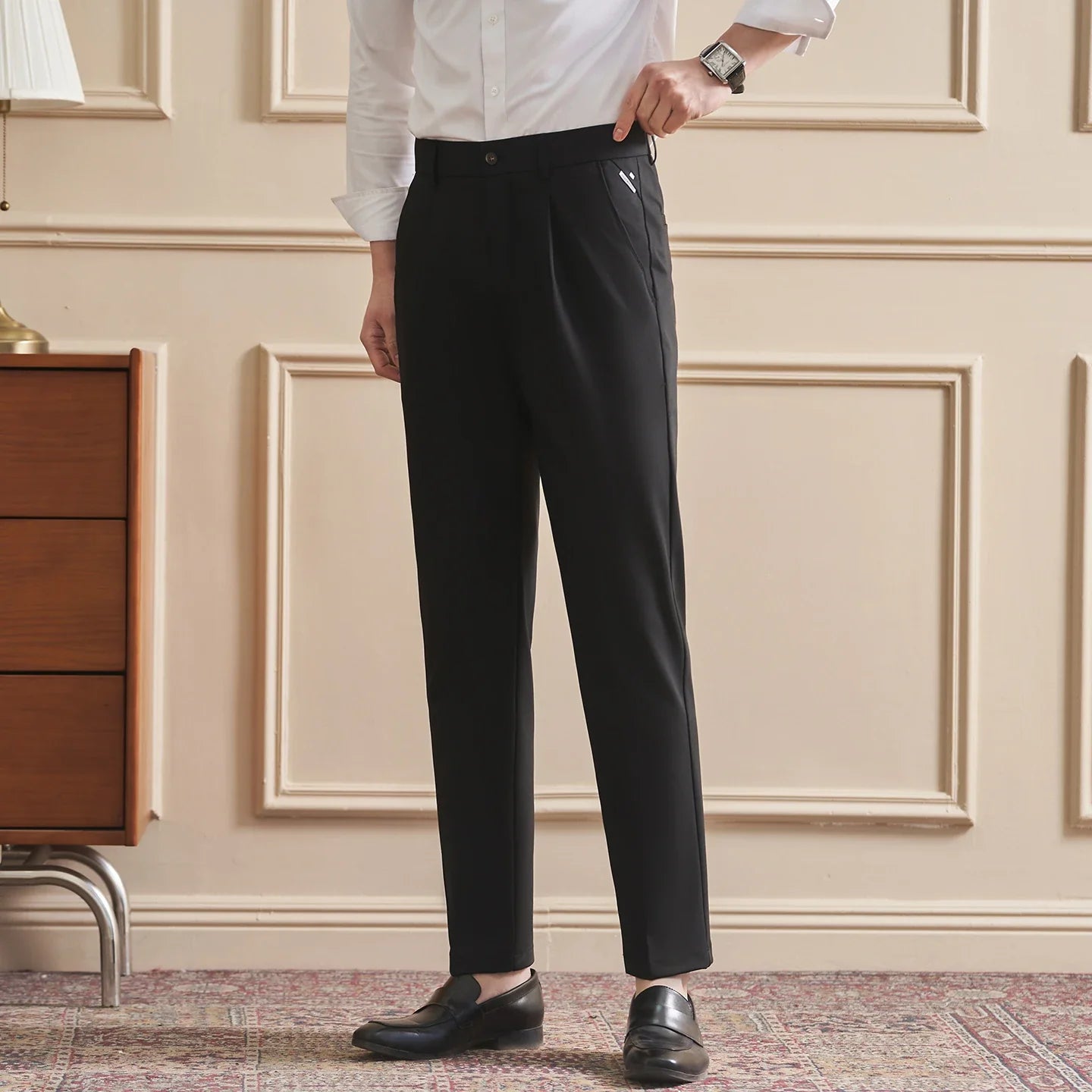 High Quality Men's Business Casual Slim-Fitting Suit Pants, Classic Solid Color Straight Work Trousers