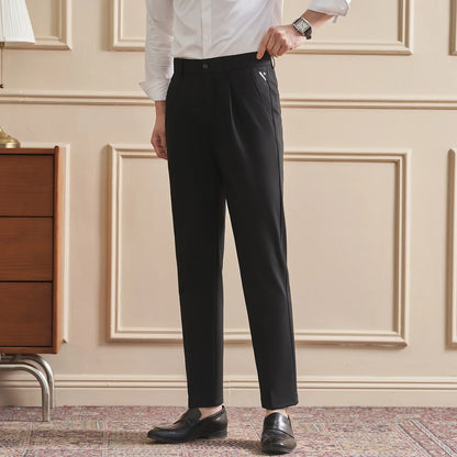 High Quality Men's Business Casual Slim-Fitting Suit Pants, Classic Solid Color Straight Work Trousers