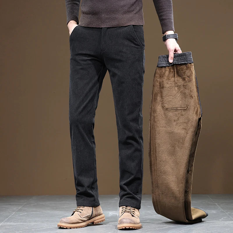 2025 New Winter Fleece Warm Corduroy Pants Men Business Fashion Slim Fit Stretch Thicken Gray Khaki Fluff Casual Trousers Male