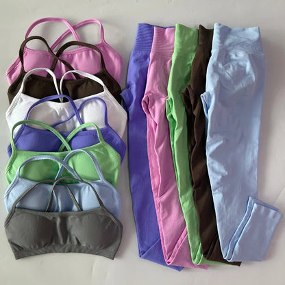 2 Pieces Gym Set For Women Clothes Seamless Scrunch Yoga Leggings Set Backless Sports Bra Fitness Workout Top Yoga Set Outfits