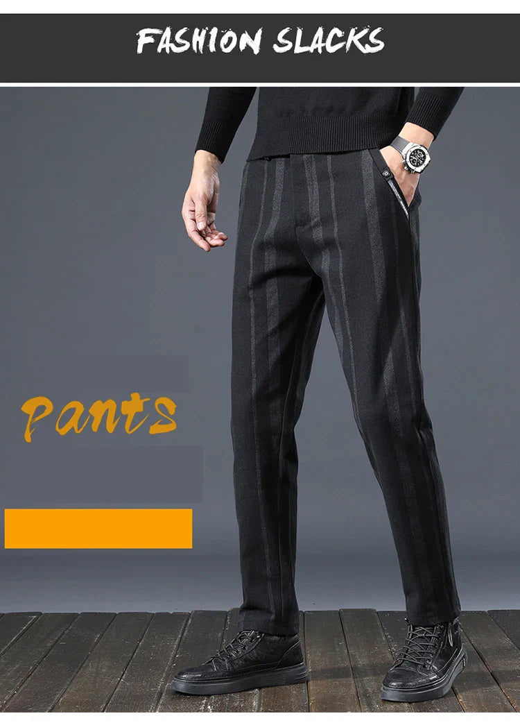 Autumn New Men's Slim Casual Pants  Fashionable Fit Elastic Business Pants High Quality Stripe Classic 3-colors Male Trousers