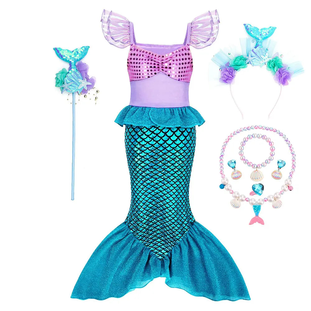2026 Costume for Kids Cute Princess Trumpet Dress Girl Fairy Tale Little Mermaid Cosplay Ariel Apparel Carnival Robe