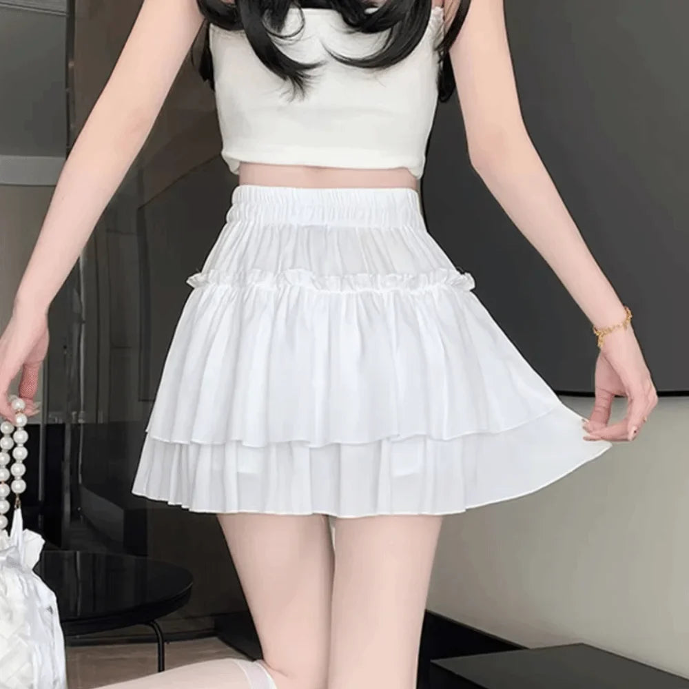 Chic Sweet Style Pleated A-Line Skirt Elegant Versatile Tiered Skirt Basic Cut High Waist Elastic Waist Skirt Summer