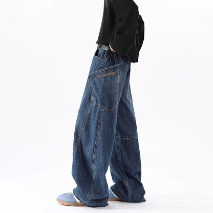 Korean Retro Men'S Jeans Fashion Large Pocket Design Curved Knife Jeans Straight Leg Pants Letter Embroidered Baggy Jeans Y2k