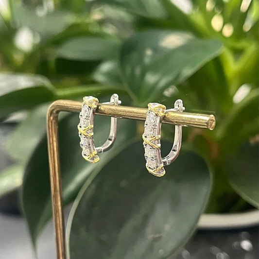 X-Shape Yellow Gold Cross Moissanite Diamond Hoop Earrings for Women 925 Sterling Silver Plated 18k Gold U-shaped Ear Buckle