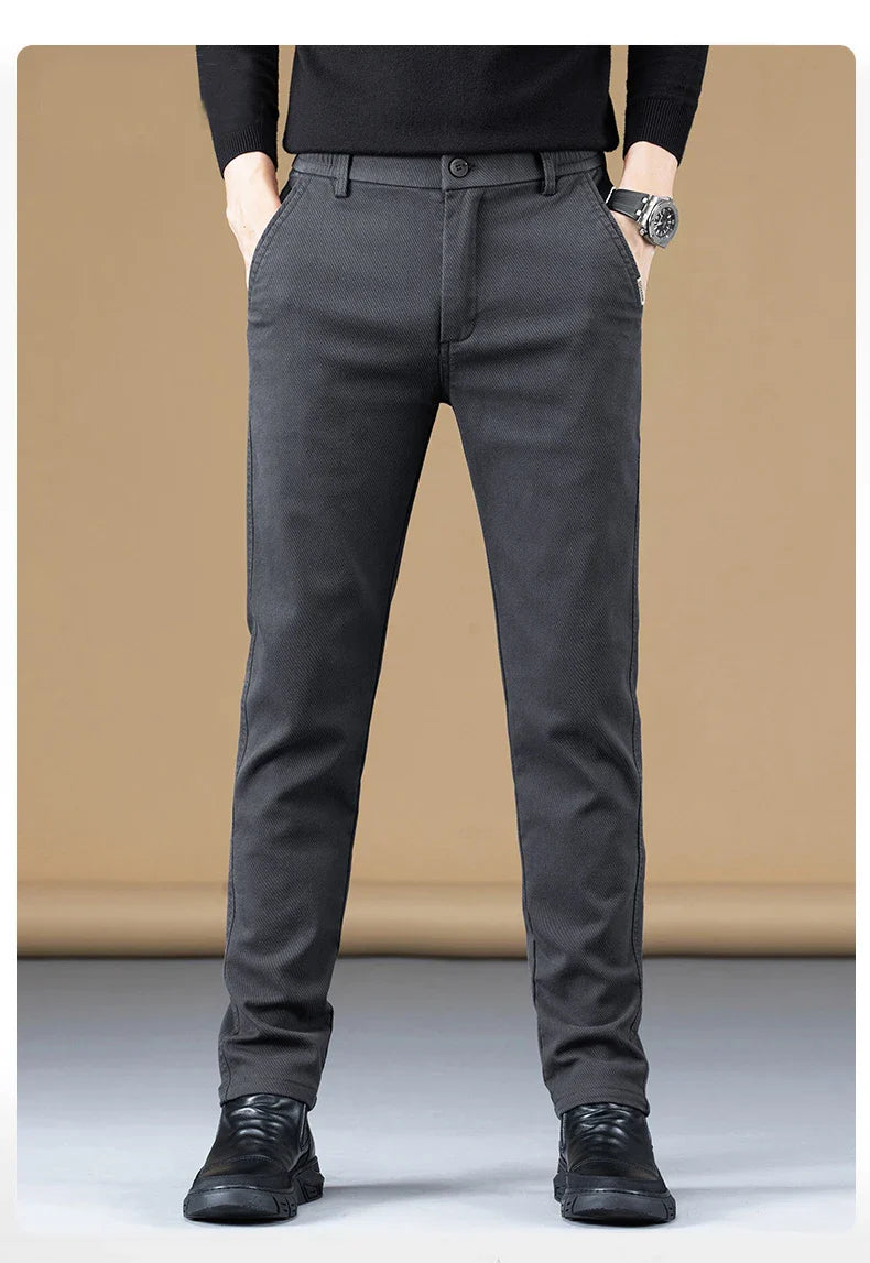 2024 Spring New Business Casual Pants Men Thick Slim Elastic Waist Trousers Classic Brown Black Grey High Quality Male Clothes