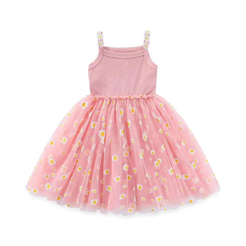 Korean Style Girls' Summer Dress 0-4Y Cute Baby Children's Little Daisy Suspender Mesh Dress Kid's Clothing