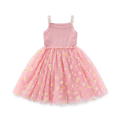 Korean Style Girls' Summer Dress 0-4Y Cute Baby Children's Little Daisy Suspender Mesh Dress Kid's Clothing