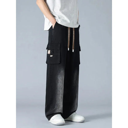Summer Men's Straight Jeans Multi-Pockets Wide Leg Denim Cargo Pants 8XL 7XL 6XL Big Size Lightweight Baggy Solid Jeans Trousers