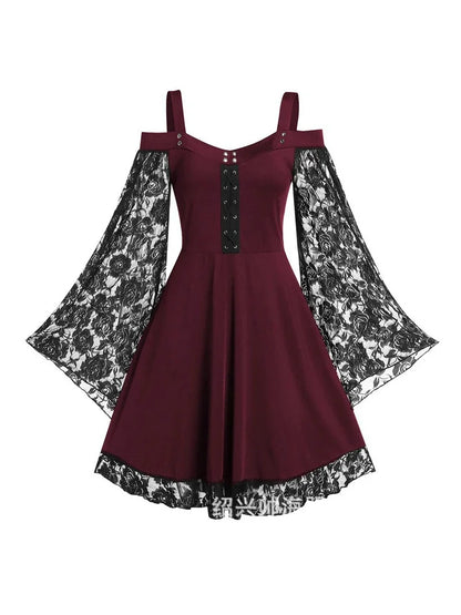 One-shoulder Lace Stitching Flared Sleeve Dress Literary Vintage Autumn Grunge Black A-line Dress Punk Partywear