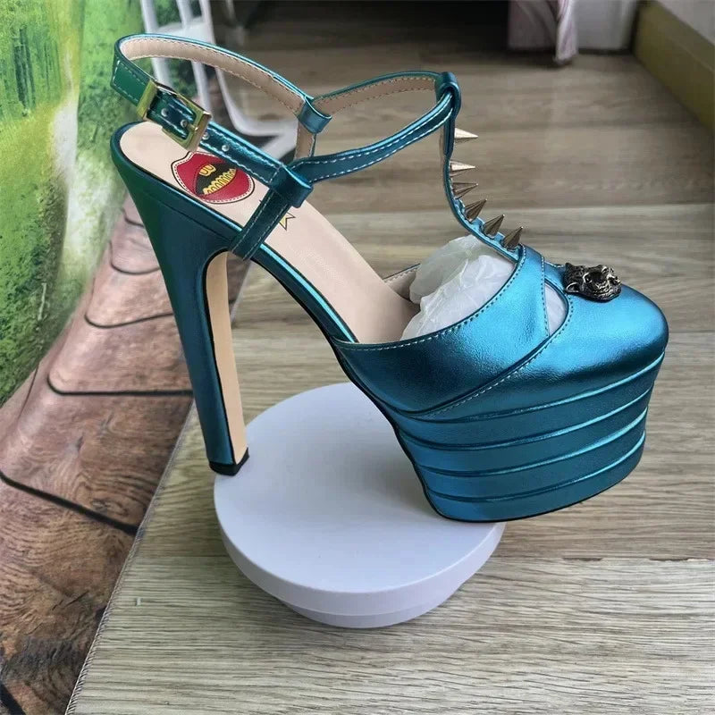 2026 Women's Round Head Sandals Thin Heels 5cm Thick Bottom Slope Heel Fish Mouth Rivet Sandal T-Platform Sandals Size34-43