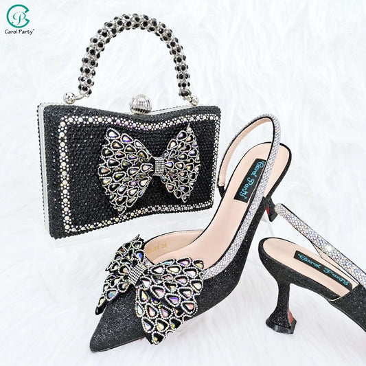 Butterfly-knot Princess Style! Nigerian Ladies Rhinestone-Encrusted Bag & Wear-Resistant and Comfortable Pointed-Toe High Heel