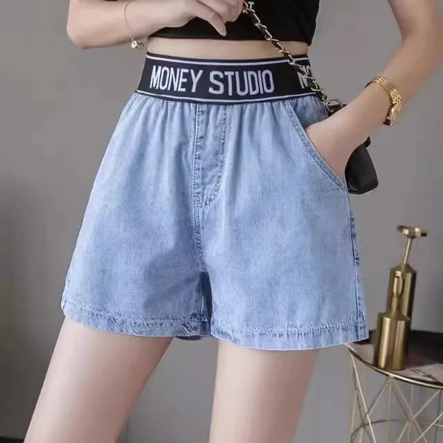 Calça Jeans Feminina Plus Size Folgada Cintura Alta Perna Larga Azul Claro Elástico na Cintura Cordão Calças Outono Moda Plus Size